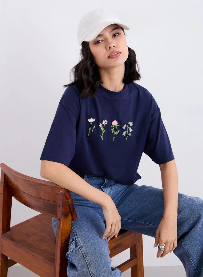 Styli Styli Women Navy Blue Embroidered Oversized T-Shirt