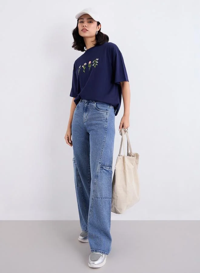 Styli Women Navy Blue Embroidered Oversized T-Shirt