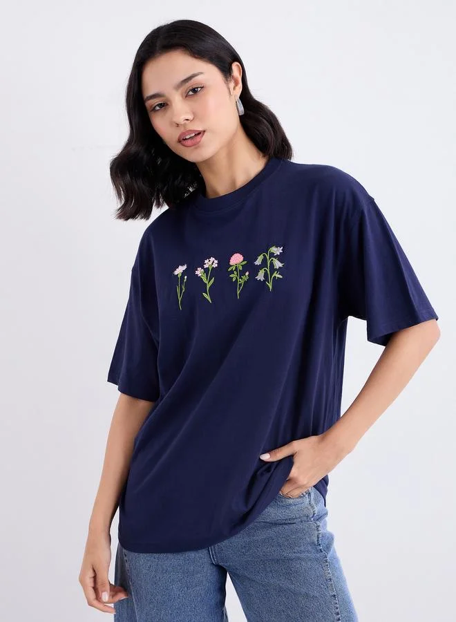 Styli Women Navy Blue Embroidered Oversized T-Shirt