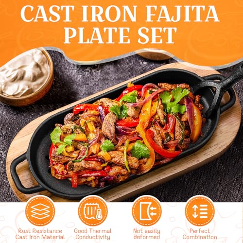 Yiyiring 4 Pcs Cast Iron Fajita Skillet Pan Set Sizzling Steak Plate with Wooden Base and Removable Handle Cast Iron Grill Frying Pan for Home Restaurant Kitchen Cooking (8.66 x 4.33 Inch) - Image 4