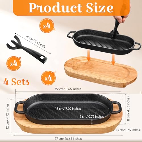 Yiyiring 4 Pcs Cast Iron Fajita Skillet Pan Set Sizzling Steak Plate with Wooden Base and Removable Handle Cast Iron Grill Frying Pan for Home Restaurant Kitchen Cooking (8.66 x 4.33 Inch) - Image 2