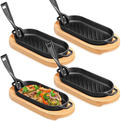 Yiyiring 4 Pcs Cast Iron Fajita Skillet Pan Set Sizzling Steak Plate with Wooden Base and Removable Handle Cast Iron Grill Frying Pan for Home Restaurant Kitchen Cooking (8.66 x 4.33 Inch) - Image 1