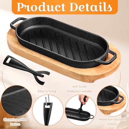 Yiyiring 4 Pcs Cast Iron Fajita Skillet Pan Set Sizzling Steak Plate with Wooden Base and Removable Handle Cast Iron Grill Frying Pan for Home Restaurant Kitchen Cooking (8.66 x 4.33 Inch) - Image 3