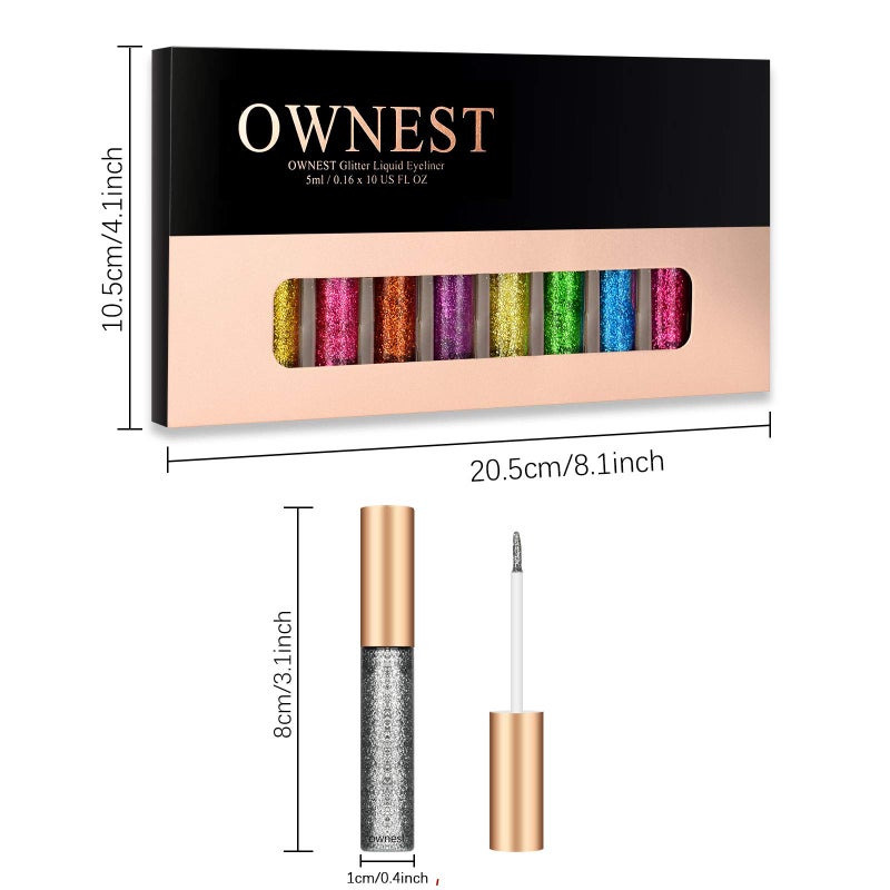 Ownest 10 Colors Liquid Glitter Eyeliner, Metallic Shimmer Glitter Eyeshadow, Long Lasting Waterproof Shimmer Sparkling Eyeliner Eye Shadow-10pcs - Image 2