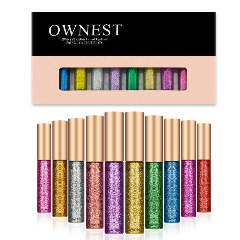 Ownest 10 Colors Liquid Glitter Eyeliner, Metallic Shimmer Glitter Eyeshadow, Long Lasting Waterproof Shimmer Sparkling Eyeliner Eye Shadow-10pcs - Image 1