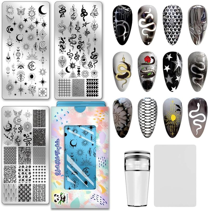 PH PandaHall 3pcs Sun Moon Star Nail Stamping Plates Snakes Nail Image Plates Night Sky Manicure Art Templates Geometric Texture Nails Art Stencils for Women Manicures Salon DIY Design Printing