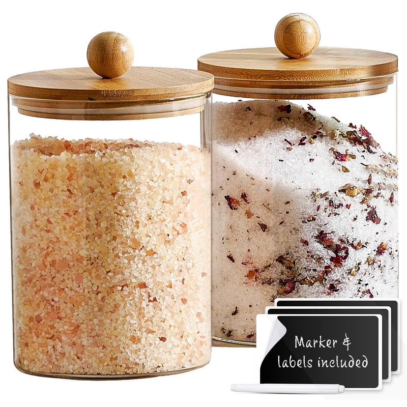 Le'raze Set of 2 Large Glass Canisters for Kitchen Counter with Airtight Bamboo Lids + Marker & Labels - Cookie Jars with Wooden Lid, Food Storage Containers for Pantry, Flour Pasta Candy Coffee Pods - 68oz. - Image 1