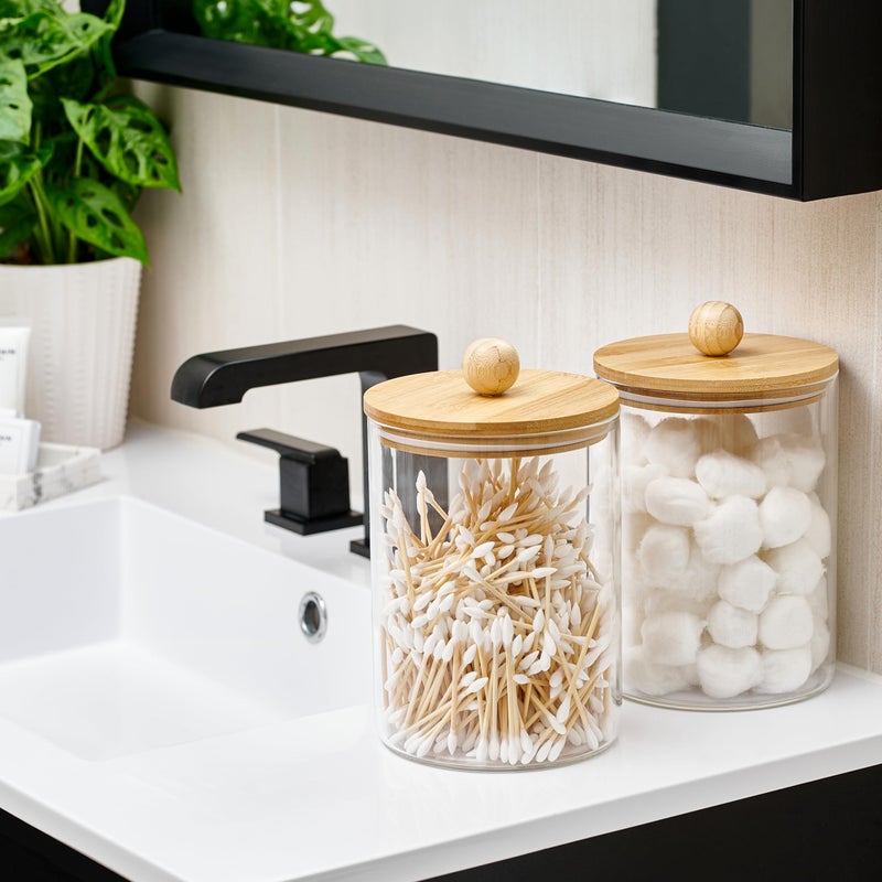Le'raze Set of 2 Large Glass Canisters for Kitchen Counter with Airtight Bamboo Lids + Marker & Labels - Cookie Jars with Wooden Lid, Food Storage Containers for Pantry, Flour Pasta Candy Coffee Pods - 68oz. - Image 3