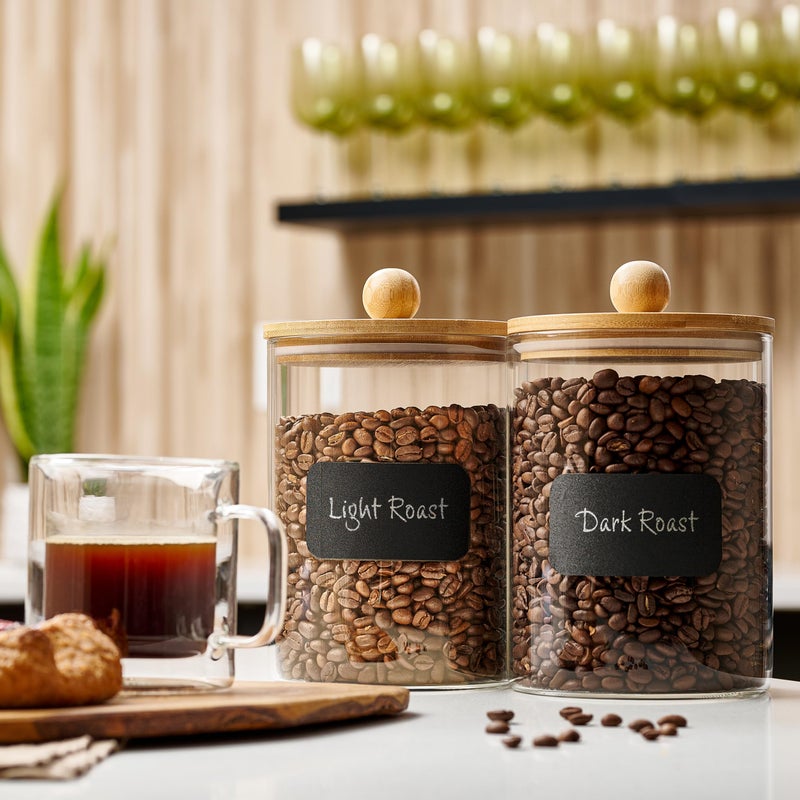 Le'raze Set of 2 Large Glass Canisters for Kitchen Counter with Airtight Bamboo Lids + Marker & Labels - Cookie Jars with Wooden Lid, Food Storage Containers for Pantry, Flour Pasta Candy Coffee Pods - 68oz. - Image 2