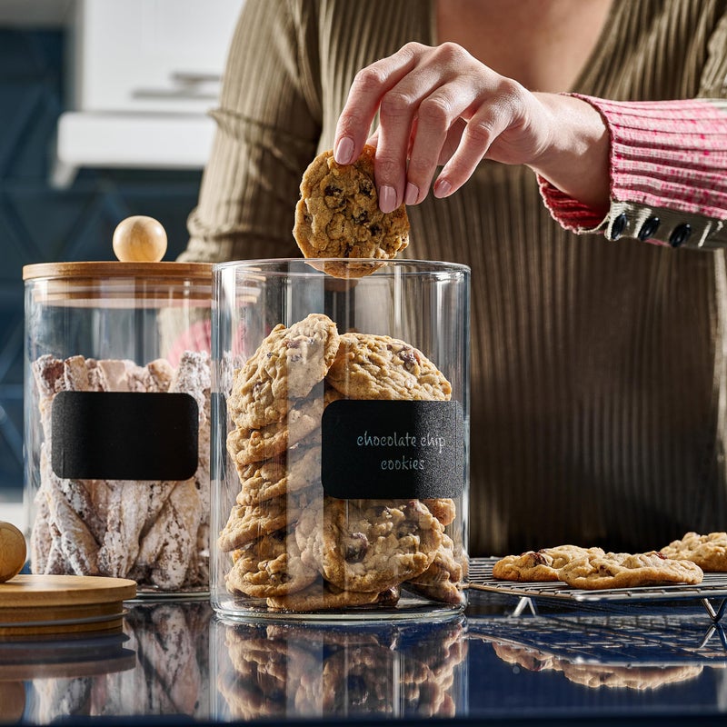Le'raze Set of 2 Large Glass Canisters for Kitchen Counter with Airtight Bamboo Lids + Marker & Labels - Cookie Jars with Wooden Lid, Food Storage Containers for Pantry, Flour Pasta Candy Coffee Pods - 68oz. - Image 4
