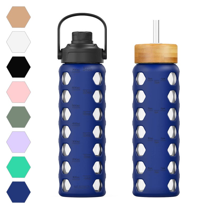 MUKOKO 24oz Glass Water Bottle with 2 LidsHandle Flip LidBamboo Straw LidMotivational Water Tumbler with Time Marker Reminder and Silicone Sleeve LeakproofBlue