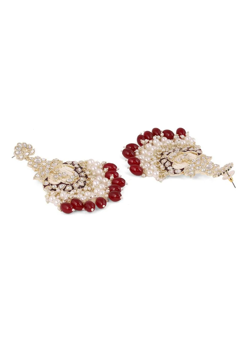 Priyaasi Kundan Stone Studded  Pearls Beaded Floral Pattern Drop Earrings