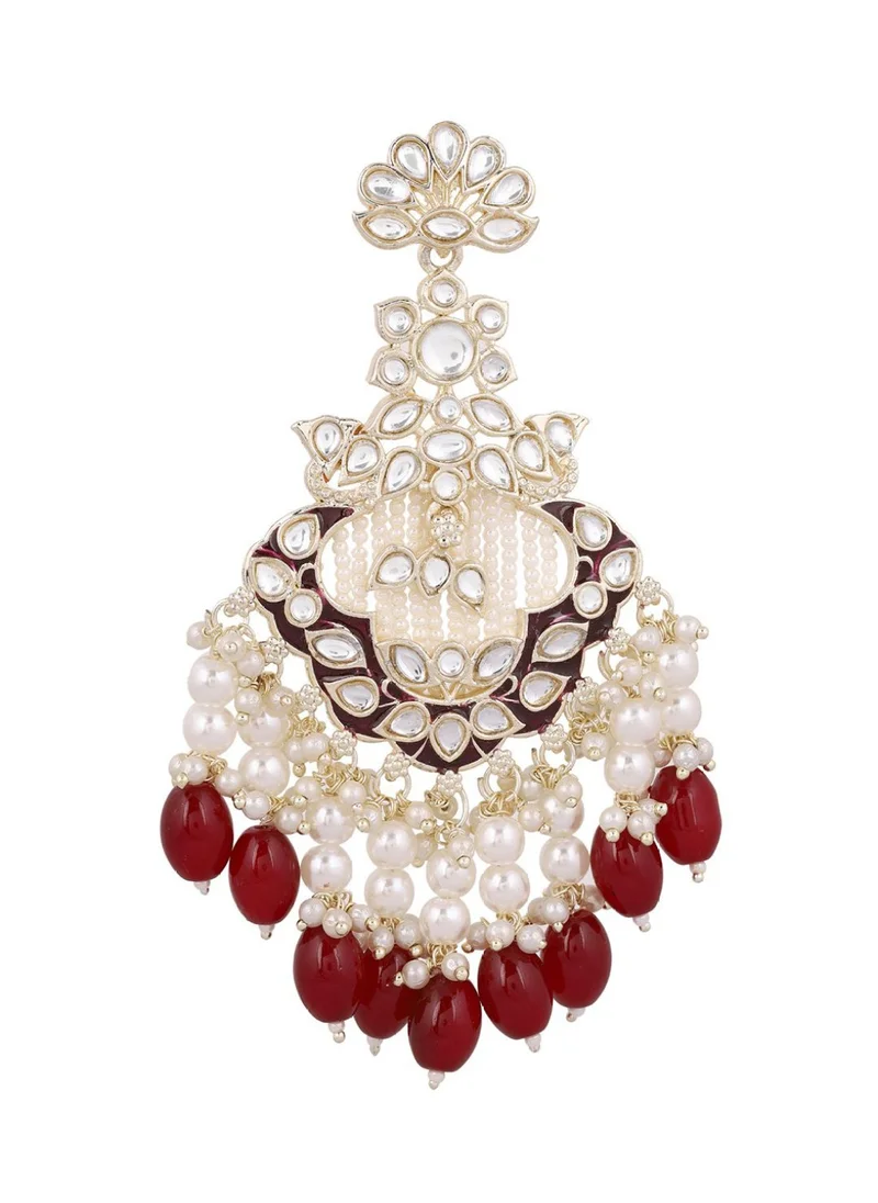 Priyaasi Kundan Stone Studded  Pearls Beaded Floral Pattern Drop Earrings