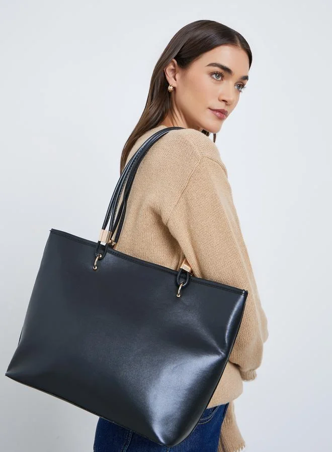 Styli Solid Black Tote Bag with Zip Closure