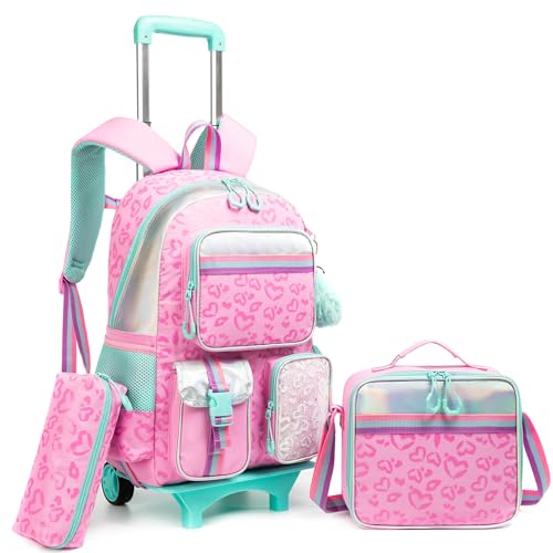 HTgroce Girls Rolling Backpack,Kids Backpack with Wheels Travel Backpack Set Roller Schoolbags for Girls Back-to-school Supplies - Image 1