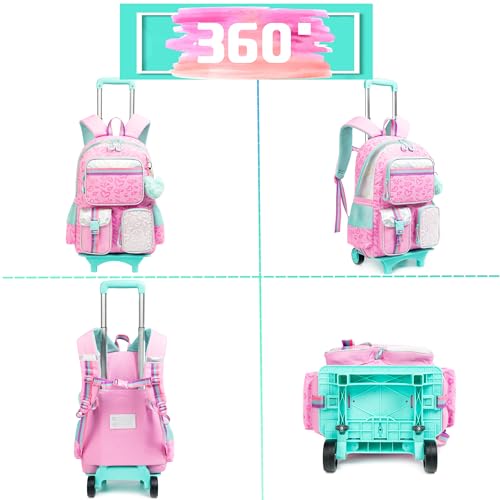 HTgroce Girls Rolling Backpack,Kids Backpack with Wheels Travel Backpack Set Roller Schoolbags for Girls Back-to-school Supplies - Image 4