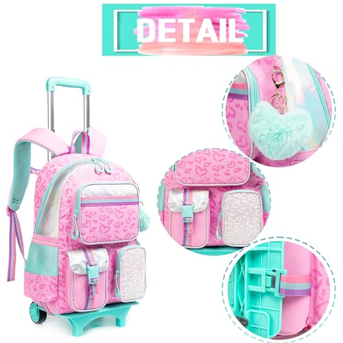 HTgroce Girls Rolling Backpack,Kids Backpack with Wheels Travel Backpack Set Roller Schoolbags for Girls Back-to-school Supplies - Image 5