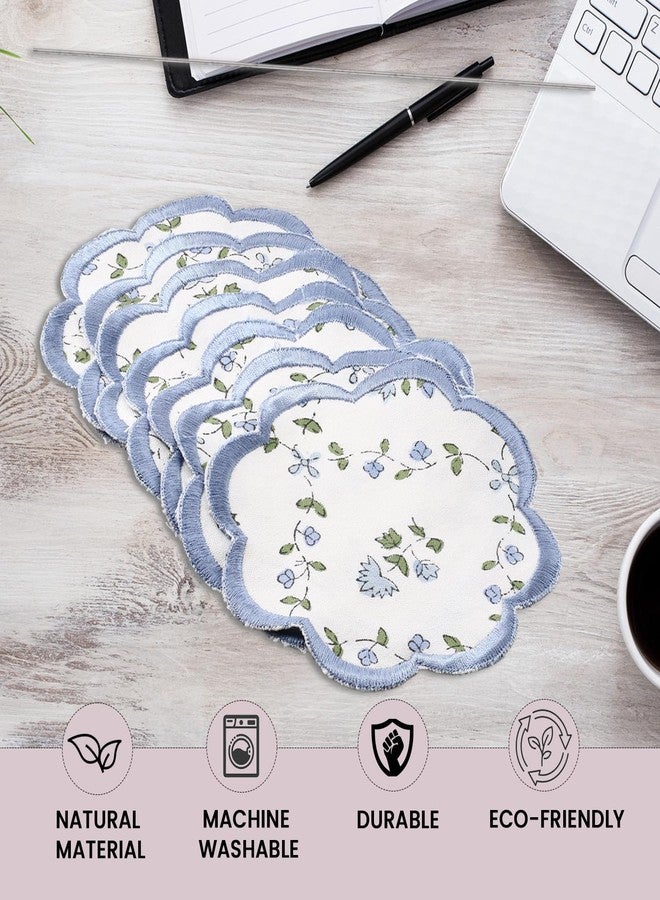 Ridhi Hand Block Print 8- pcs Canvas Cotton Drink Absorbent Stylish Embroidery Scallop Coaster Set Boho Modern Home Decor and Wooden Table Protection 5 inch Powder Blue - Image 5