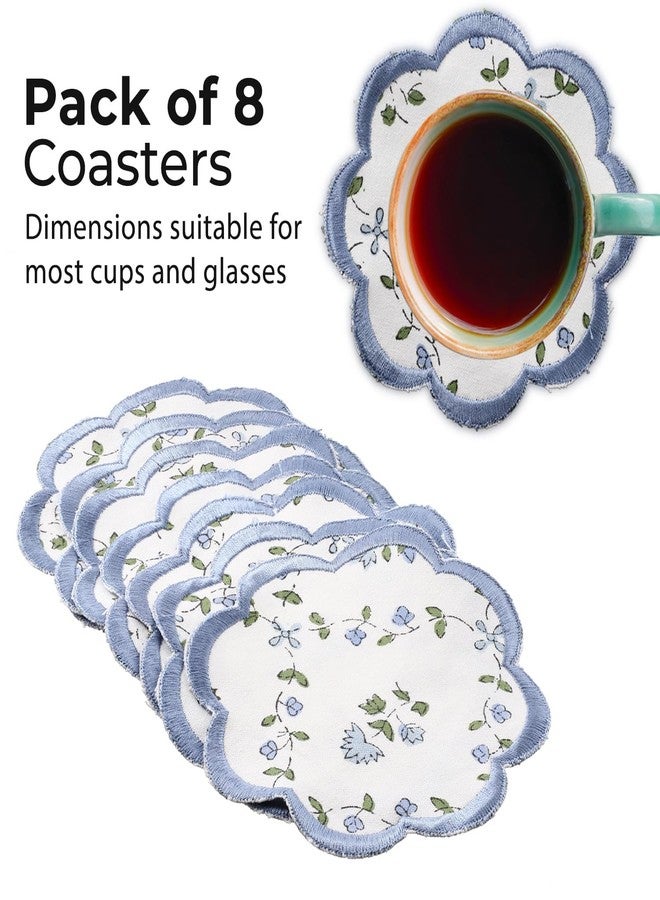 Ridhi Hand Block Print 8- pcs Canvas Cotton Drink Absorbent Stylish Embroidery Scallop Coaster Set Boho Modern Home Decor and Wooden Table Protection 5 inch Powder Blue - Image 2