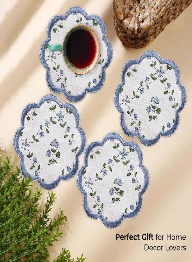 Ridhi Hand Block Print 8- pcs Canvas Cotton Drink Absorbent Stylish Embroidery Scallop Coaster Set Boho Modern Home Decor and Wooden Table Protection 5 inch Powder Blue - Image 3
