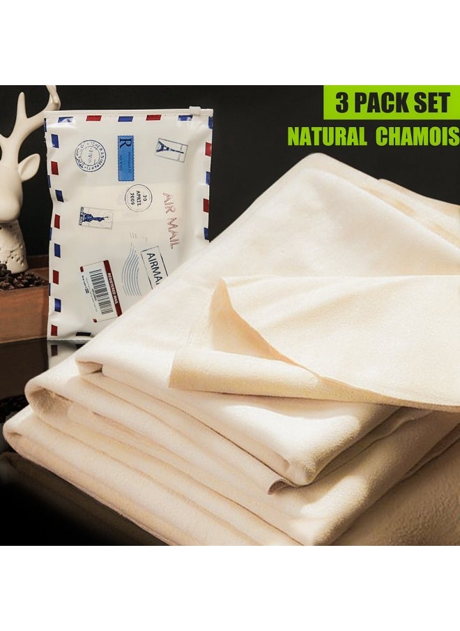 River Lake - 3 Pack Car Natural Chamois Cleaning Cloth Riverlake Genuine Deerskin Leather Auto Car Wash Drying Towel Super Absorbent 3 Available Sizes.L M S L M S 3In1 - Image 1