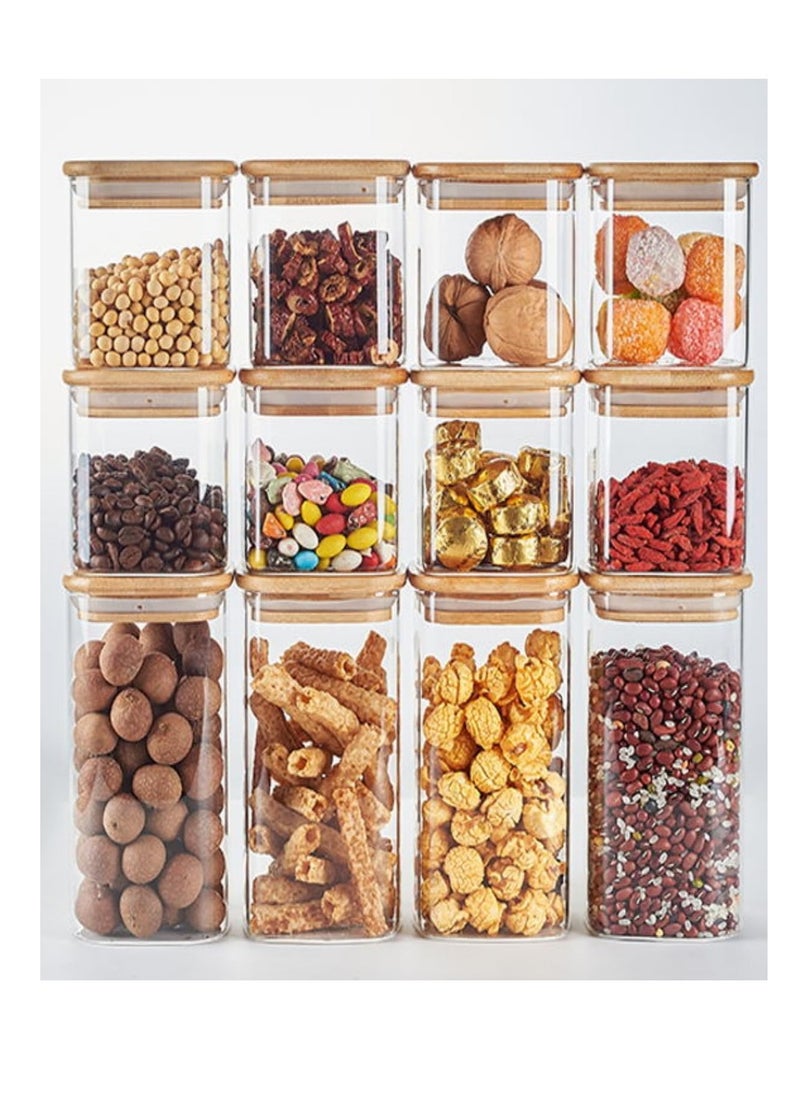 TYCOM Glass Jars Set 430ML & 750ML, Food Cereal Storage Spice Containers for Home Kitchen, Food Storage jars With Labels, Marker and spoons, Square 8cm Mixed 12P With Wood Lid.  - Image 1