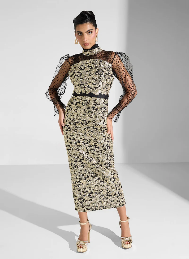Golden Apple Floral Sheer Dress