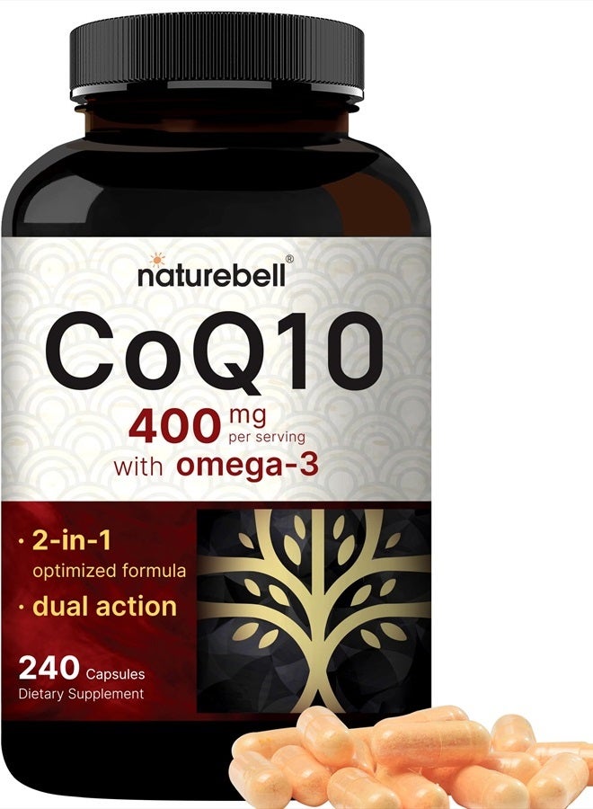 NatureBell CoQ10 400mg with Omega 3 Fatty Acids, 240 Capsules | Stable High Absorption Form – Antioxidant Support for Heart & Energy Health – Extra Strength Coenzyme Q10 Supplement  - Image 1