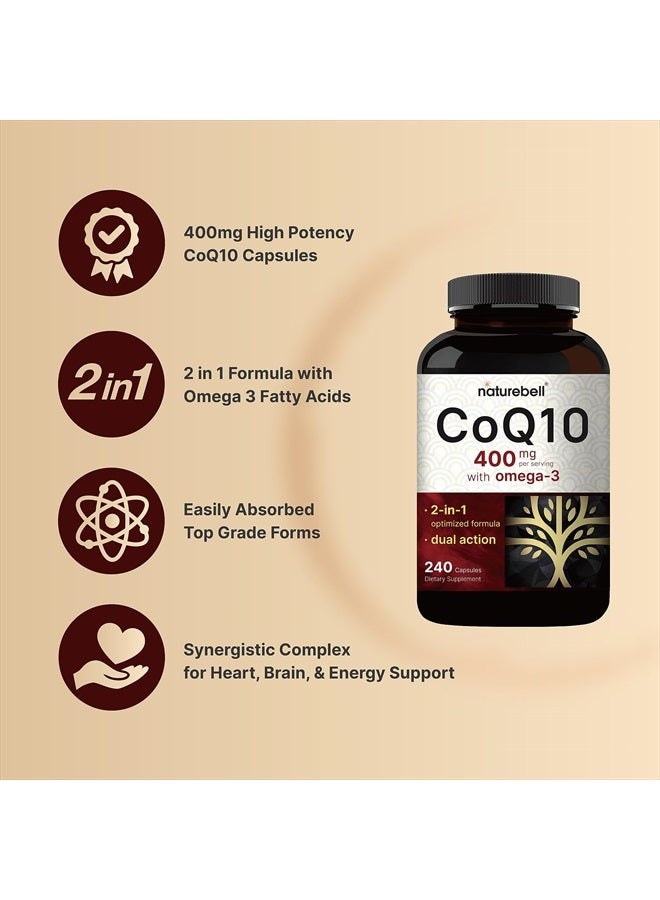 NatureBell CoQ10 400mg with Omega 3 Fatty Acids, 240 Capsules | Stable High Absorption Form – Antioxidant Support for Heart & Energy Health – Extra Strength Coenzyme Q10 Supplement  - Image 3