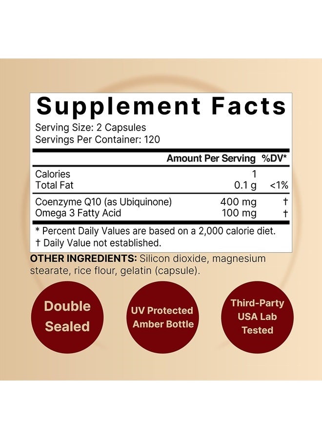 NatureBell CoQ10 400mg with Omega 3 Fatty Acids, 240 Capsules | Stable High Absorption Form – Antioxidant Support for Heart & Energy Health – Extra Strength Coenzyme Q10 Supplement  - Image 2