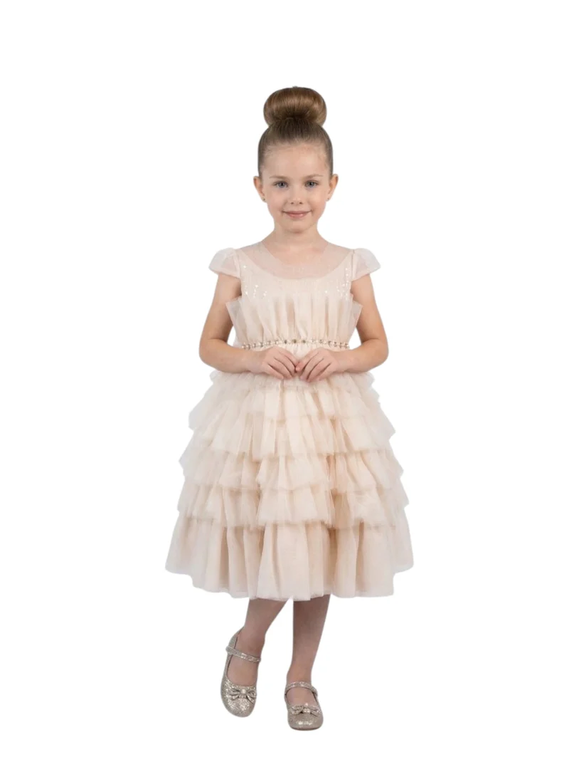 بيداني Sleeveless Tiered Tulle Girls Party Dress - Cream
