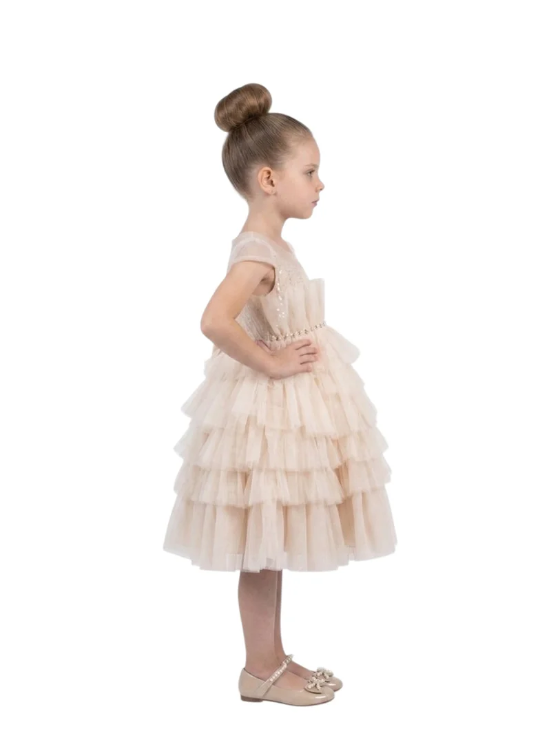 بيداني Sleeveless Tiered Tulle Girls Party Dress - Cream