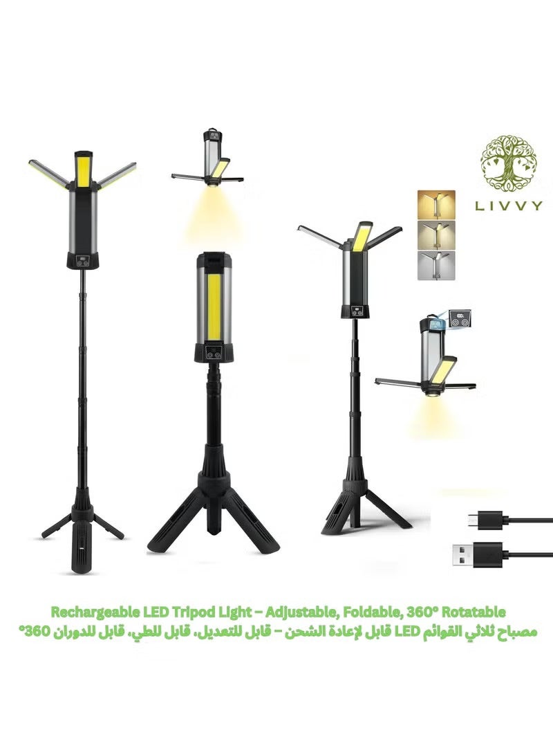 Rechargeable LED Work Light with Stand, Portable Cordless Work Light 3-head, 500/1500/2500 Lumen, Camping Light with Detachable Tripod,
