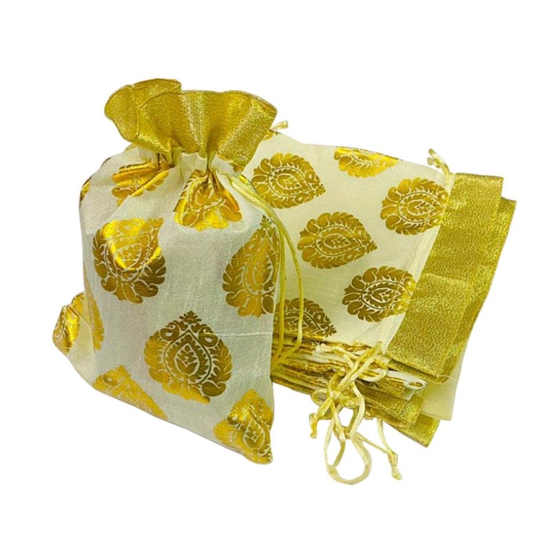 Moira Unisex Gift Potli Bags Silk Brocade White (23 cm X 18 cm) Pack of 10 (White) - Image 5