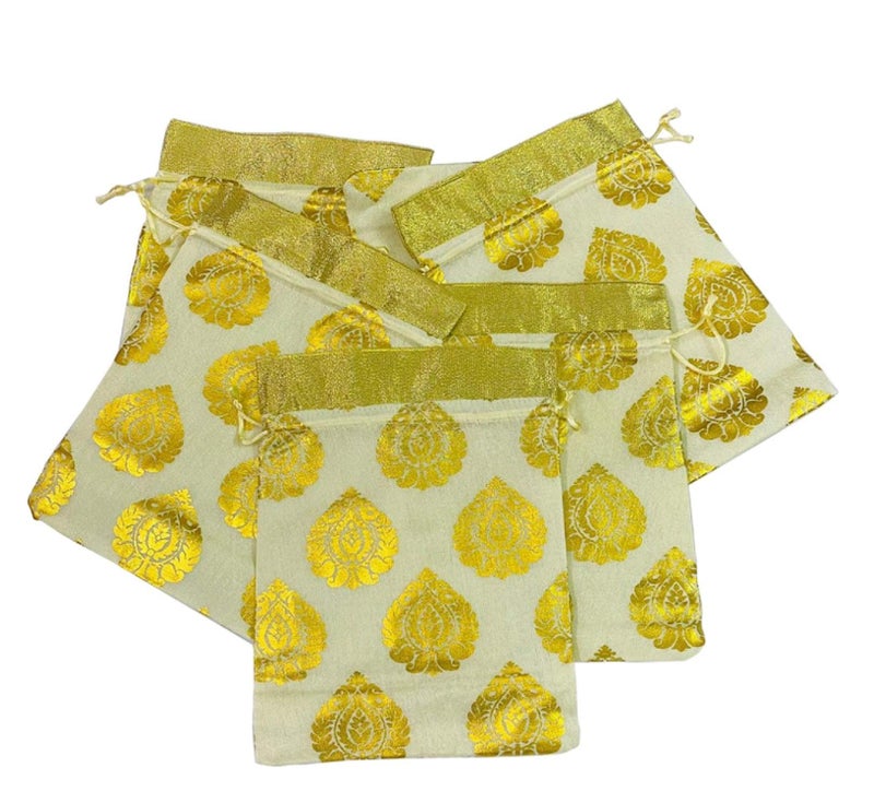 Moira Unisex Gift Potli Bags Silk Brocade White (23 cm X 18 cm) Pack of 10 (White) - Image 4