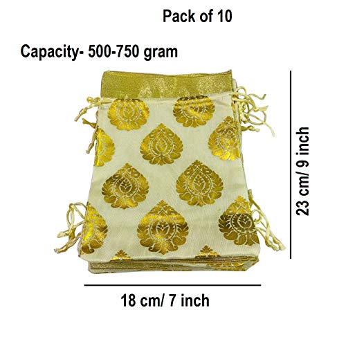 Moira Unisex Gift Potli Bags Silk Brocade White (23 cm X 18 cm) Pack of 10 (White) - Image 2