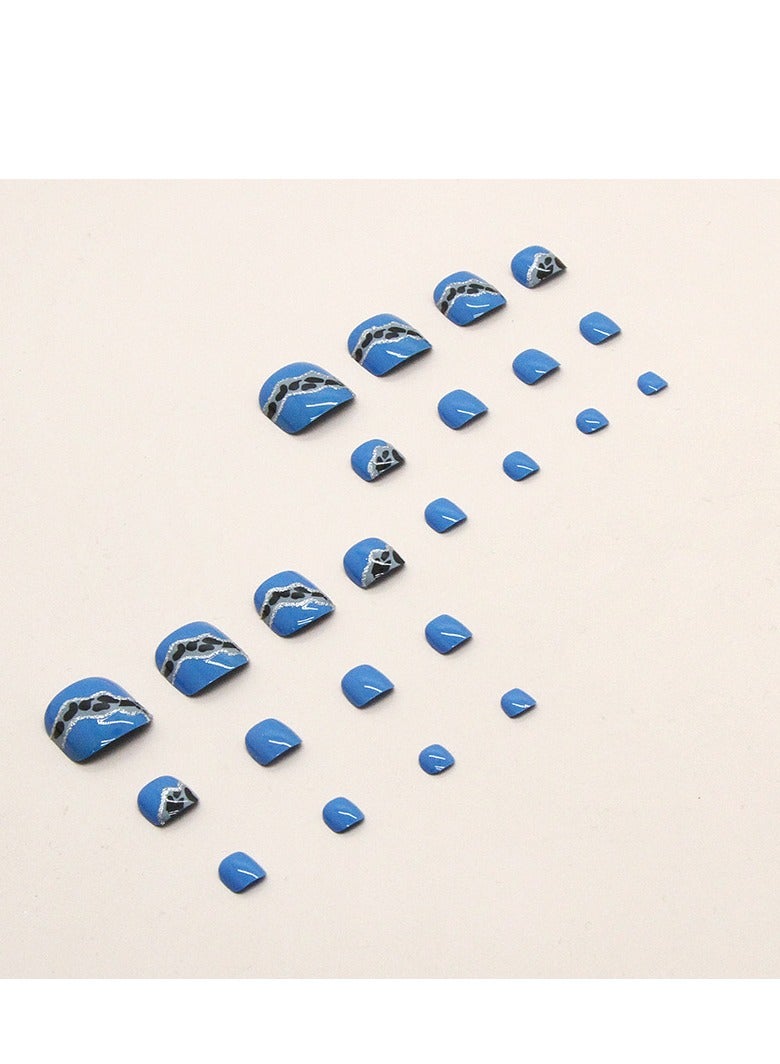 24 Pcs Blue Abstract Wave Pattern Press-on Toenails for Women and Girls, Glossy Stick-on Toenails with Black and White Waves - Image 2