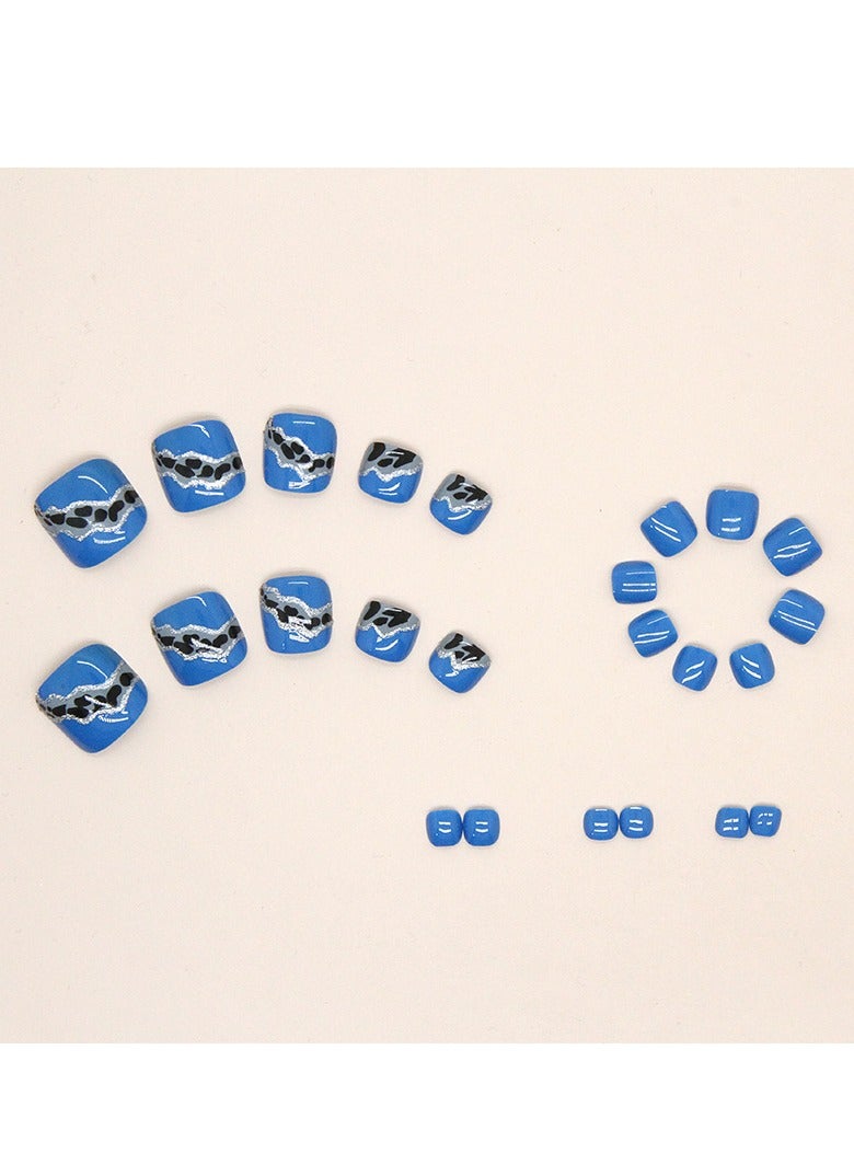 24 Pcs Blue Abstract Wave Pattern Press-on Toenails for Women and Girls, Glossy Stick-on Toenails with Black and White Waves - Image 3