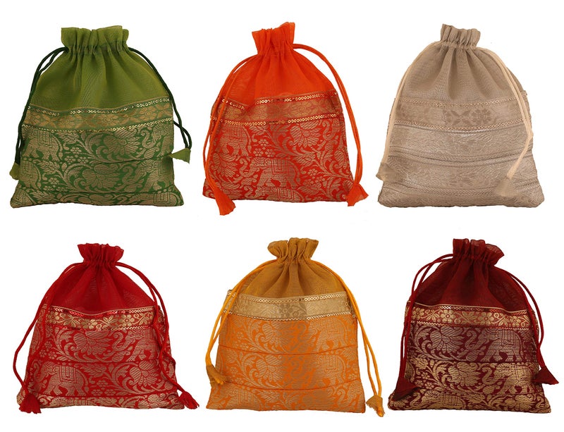 Touchstone fabric New Gorgeous Indian Traditional Paisley Brocade Drawstring Large Bags Pouches Potli For Wedding Gift Jewelry Packaging Bridal Party Favors Set Of 6 For Women, Multicolor - Image 1