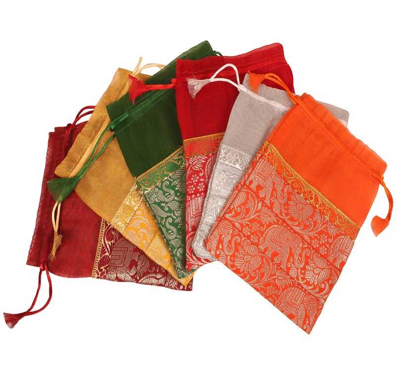 Touchstone fabric New Gorgeous Indian Traditional Paisley Brocade Drawstring Large Bags Pouches Potli For Wedding Gift Jewelry Packaging Bridal Party Favors Set Of 6 For Women, Multicolor - Image 3