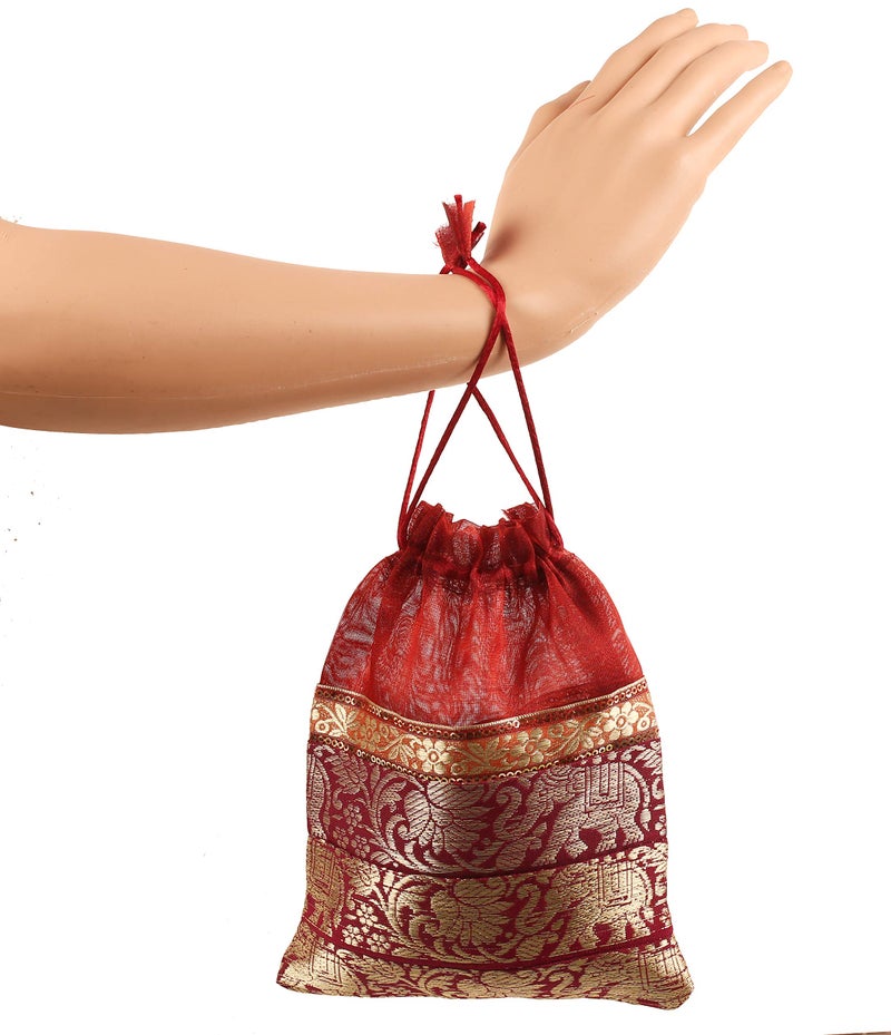 Touchstone fabric New Gorgeous Indian Traditional Paisley Brocade Drawstring Large Bags Pouches Potli For Wedding Gift Jewelry Packaging Bridal Party Favors Set Of 6 For Women, Multicolor - Image 5