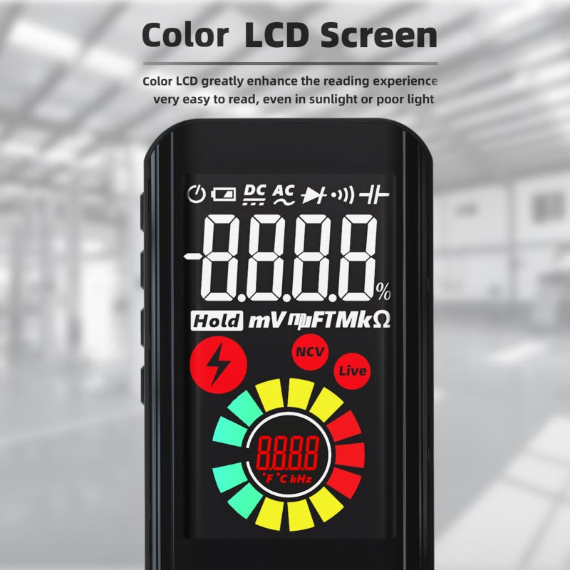 مقياس رقمي ذكي أسود ذات نطاق تلقائي وشاشة LCD ملونة: مقياس جيب يعرض 3 نتائج في وقت واحد للمهنيين في الفحوصات الكهربائية والمهتمين بالتصميم والتشغيل الذاتي - Image 2