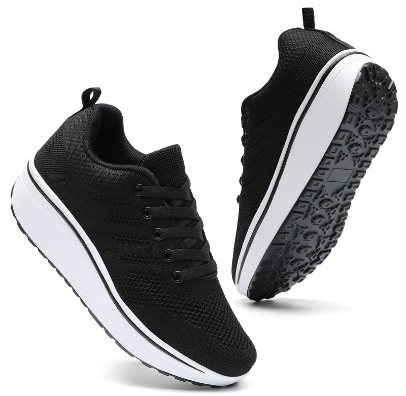 DADAWEN Women's Slip On Breathable Mesh Walking Tennis Shoes Lightweight Comfort Wedge Platform Casual Sneakers for Gym Travel Work Black US Size 7 - Image 1