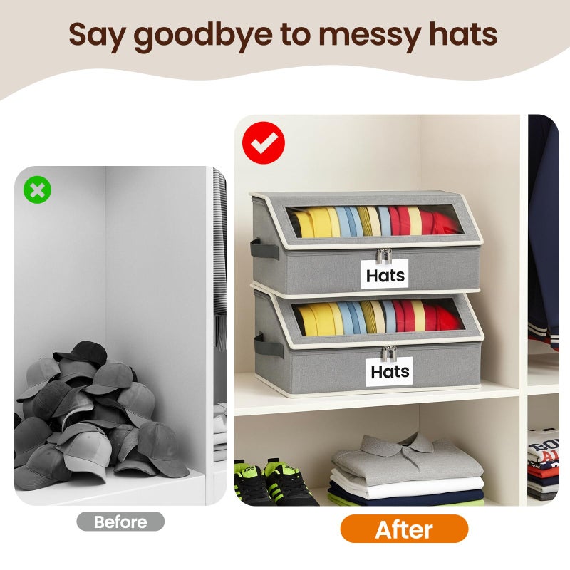 Snuvid Hat Organizer for Baseball Caps, 2-Pack Stackable Hat Storage Box Holds 30 Caps, Foldable Cardboard Holder with Clear Dust-Proof Window for Closet, Grey - Image 5