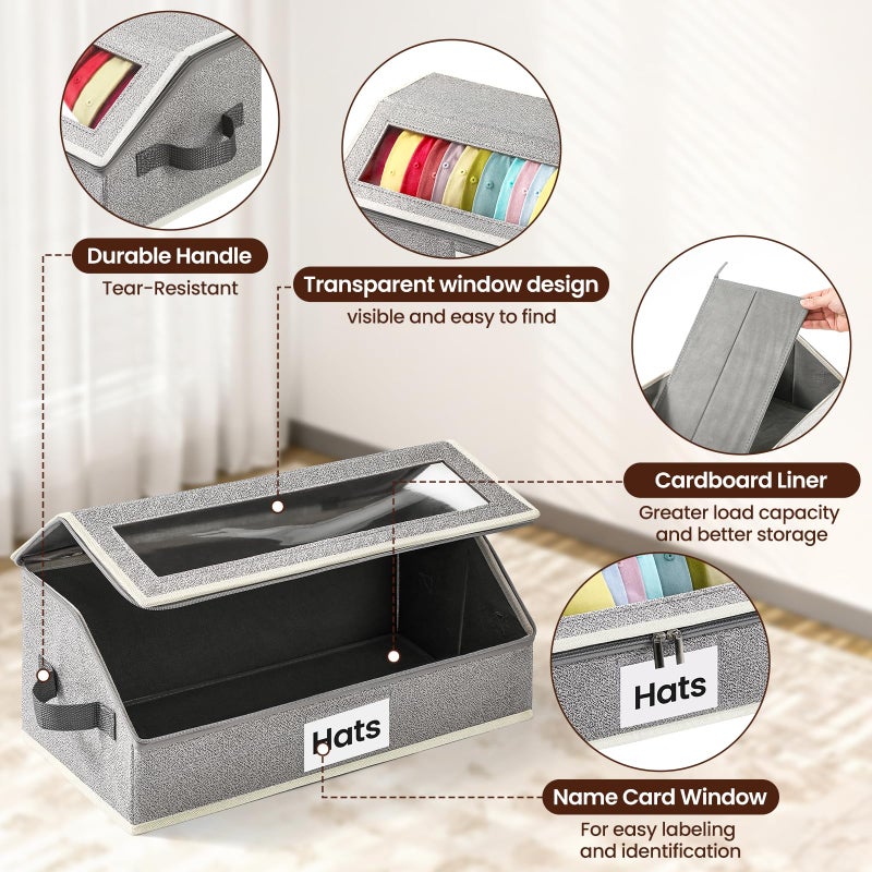 Snuvid Hat Organizer for Baseball Caps, 2-Pack Stackable Hat Storage Box Holds 30 Caps, Foldable Cardboard Holder with Clear Dust-Proof Window for Closet, Grey - Image 3