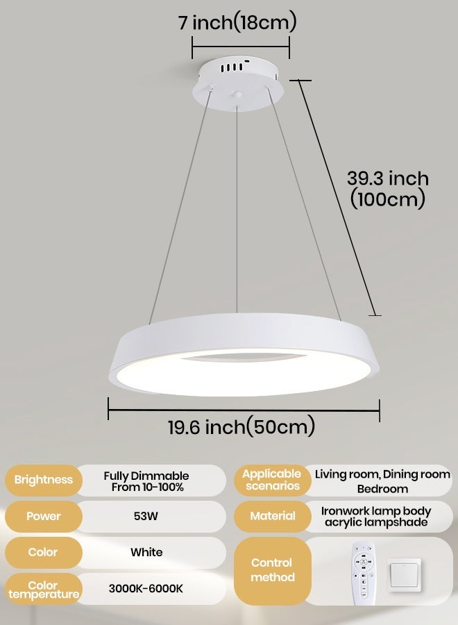 YATAI LIGHTING White Round LED Chandelier, 53W Dimmable Ceiling Light with Remote, Adjustable Height, 3-Color 3000K-6000K, Modern Minimalist Pendant for Bedroom, Dining Room, Living Room,50cm - Image 2