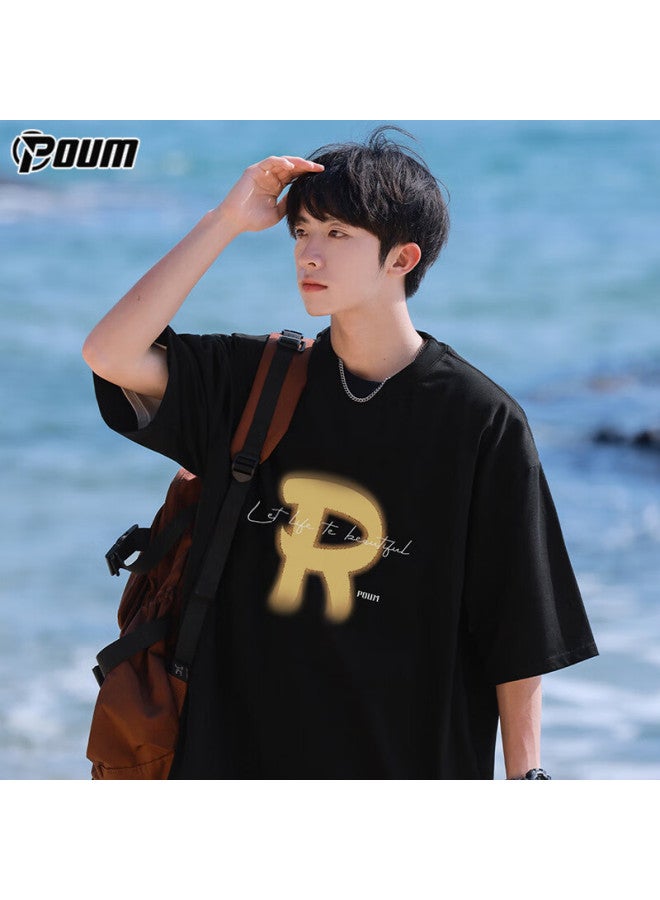 Poum Short-sleeve T-shirt For Men And Women, Pure Cotton, Lightweight Summer Style, Trendy Loose Casual Inner Wear Top, Ph02 Black 2XL - Image 1