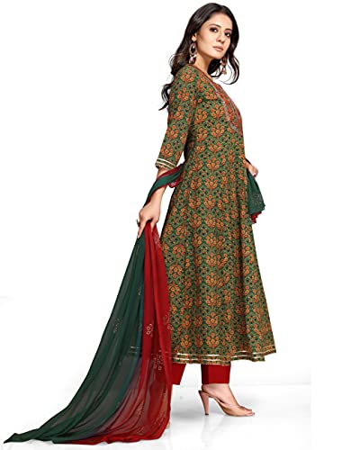 Rajnandini Women's Pure Cambric Cotton Embroidered Kurta Set With Dupatta (JOPLVL213-XXL_Green & Red_XXL) - Image 4