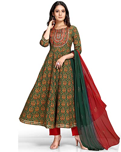 Rajnandini Women's Pure Cambric Cotton Embroidered Kurta Set With Dupatta (JOPLVL213-XXL_Green & Red_XXL) - Image 1