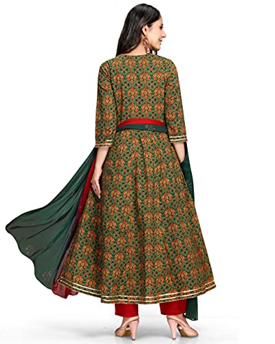 Rajnandini Women's Pure Cambric Cotton Embroidered Kurta Set With Dupatta (JOPLVL213-XXL_Green & Red_XXL) - Image 2